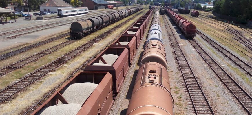 View from above of freight trains in the Osijek Train Station, Croatia.